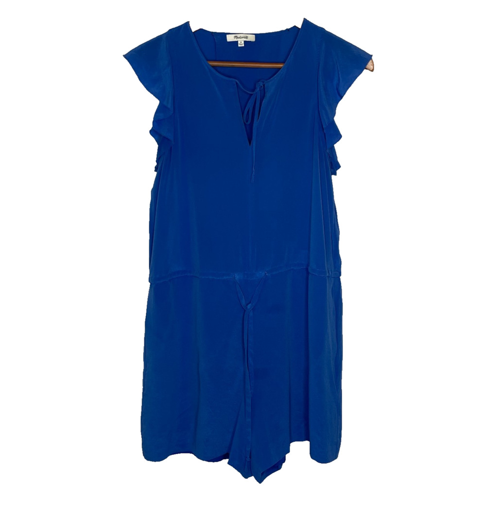 Women's Medium Madewell 100% Silk Blue Sleeveless Romper Keyhole